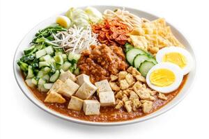 A bowl of food with noodles, eggs, and vegetables photo