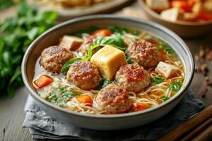 Chinese meatball soup with noodles and vegetables photo