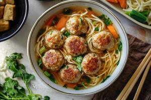 Chinese meatball soup with noodles and vegetables photo