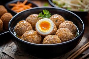A bowl of meatballs with an egg in it photo