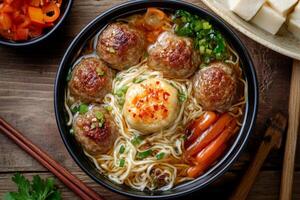 Chinese meatball soup with noodles and vegetables photo