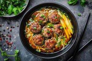 Chinese meatball soup with noodles and vegetables on a black background photo