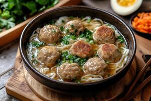 Chinese meatball soup with noodles and vegetables photo