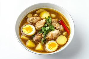Chicken and rice soup with boiled eggs photo