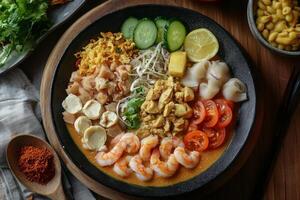 A bowl of food with shrimp, vegetables and other ingredients photo