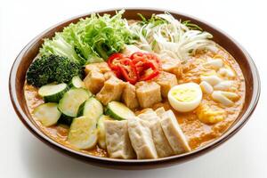 A bowl of food with vegetables, eggs and meat photo