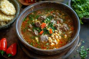 A bowl of soup with meat and vegetables on a wooden table photo