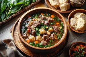 A bowl of soup with meat, vegetables and bread photo