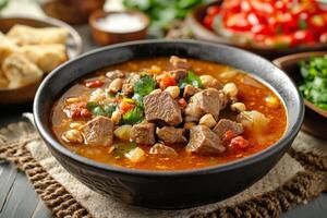 A bowl of soup with meat and vegetables photo