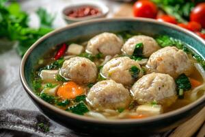 Chinese dumplings with meatballs in soup photo