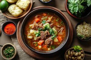 A bowl of stew with meat, vegetables and potatoes on a wooden table photo