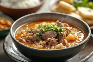 A bowl of soup with meat and vegetables photo