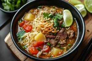 Chinese beef noodle soup with beef, pork and vegetables photo
