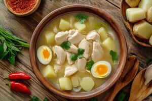 Chicken soup with boiled eggs and potatoes on a wooden table photo