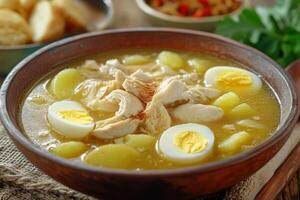Chicken soup with boiled eggs and potatoes photo