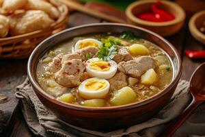Chicken and potato soup with boiled eggs photo