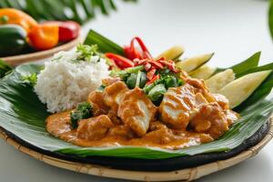 Chicken curry with rice and vegetables on a leaf photo