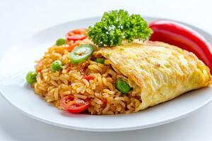 A plate with rice and vegetables on it photo