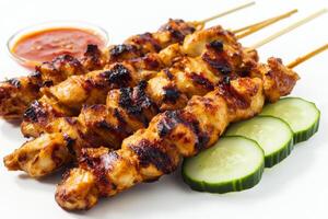 Chicken satay on a stick with cucumber and sauce photo