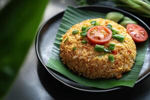 A plate of rice with tomatoes and green onions photo