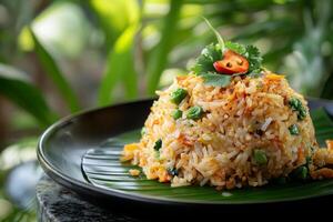 A plate of food on a table with a green plant in the background photo