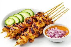 Thai chicken satay on a white plate with cucumber and onion photo