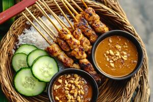 Thai food with rice and cucumbers on a bamboo basket photo