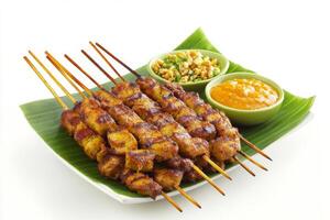 Thai chicken satay skewers on a green leaf photo