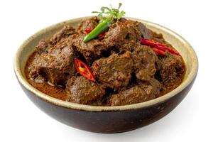 A bowl of beef curry with chili peppers and herbs photo