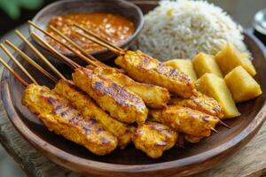 A plate with chicken satay skewers and rice photo