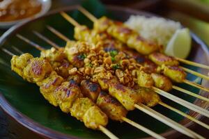 A plate of food with skewers on it photo
