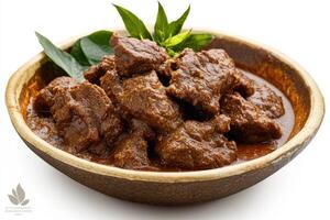 A bowl of beef curry with leaves on top photo