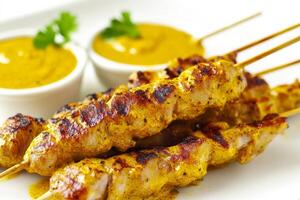Chicken satay skewers with mustard sauce photo