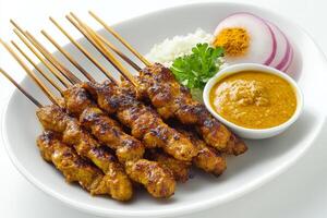 A plate with chicken satay skewers and rice photo