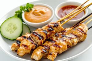 Chicken satay skewers with dipping sauce on a white plate photo