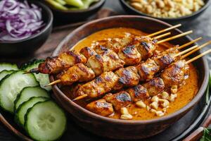Thai chicken satay with cucumber and salad on wooden table photo