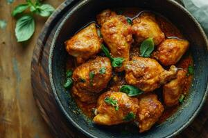 Chicken wings in curry sauce on a wooden table photo