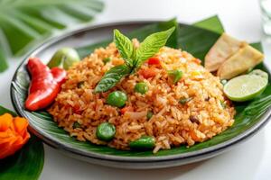 Thai fried rice with vegetables and mint leaves photo