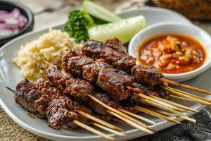 A plate with meat skewers and sauce photo