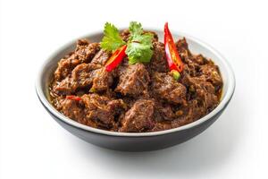 A bowl of beef and spices on a white background photo
