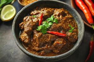 Indian beef curry in a bowl with chili and spices photo