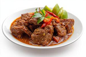 A plate of beef stew with lime wedges photo
