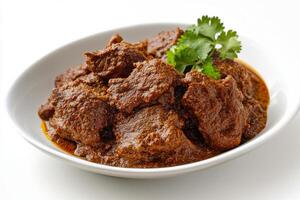 A bowl of beef curry with cilantro on a white surface photo