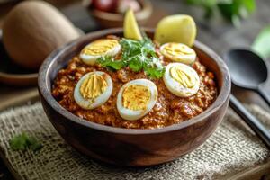 Indian food with boiled eggs in a bowl photo