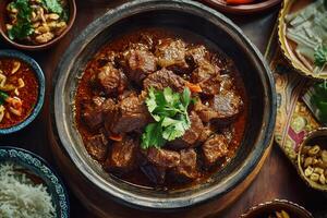 A bowl of beef curry with rice and other dishes photo