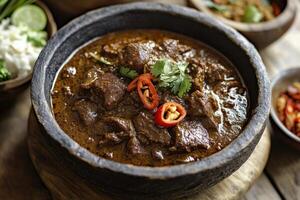 Indian beef curry with rice and vegetables photo