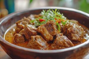 A bowl of meat and vegetables in a curry photo