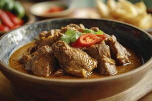 A bowl of beef curry with a red pepper garnish photo