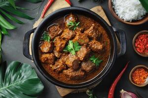 Indian beef curry with rice and spices photo