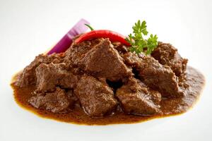 A plate of beef stew with a red pepper photo